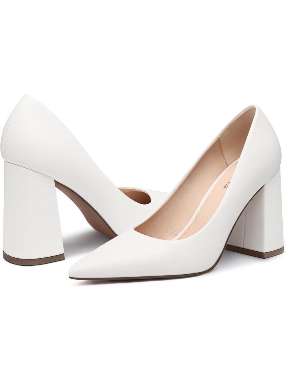 Women's White Pu Chunky Block High Heel Sexy Closed Toe Formal Dress Pumps Shoes